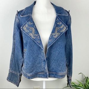 Plus Size 1X Jean Jacket Vintage Bling Zippers Crest Jeans